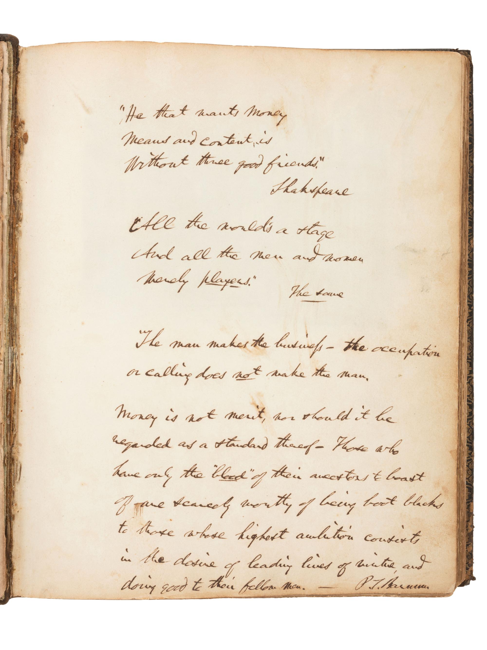 America in Manuscript BARNUM, Phineas Taylor (1810-1891). Autograph album compiled and inscribed by P.T. Barnum, with signatures of Tom Thumb and Edwin Booth.