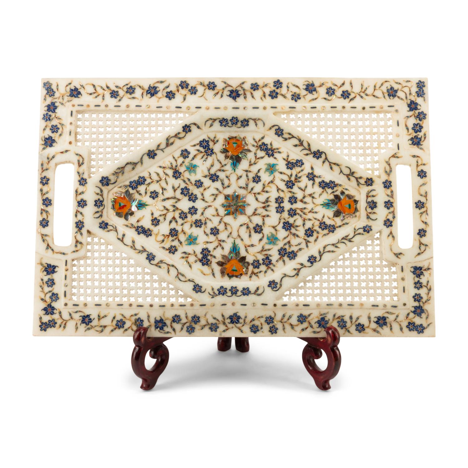 An Indian Carved Marble and Semiprecious Stone Inlaid Tray