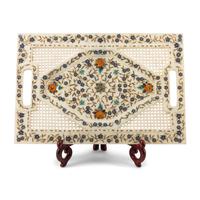 An Indian Carved Marble and Semiprecious Stone Inlaid Tray