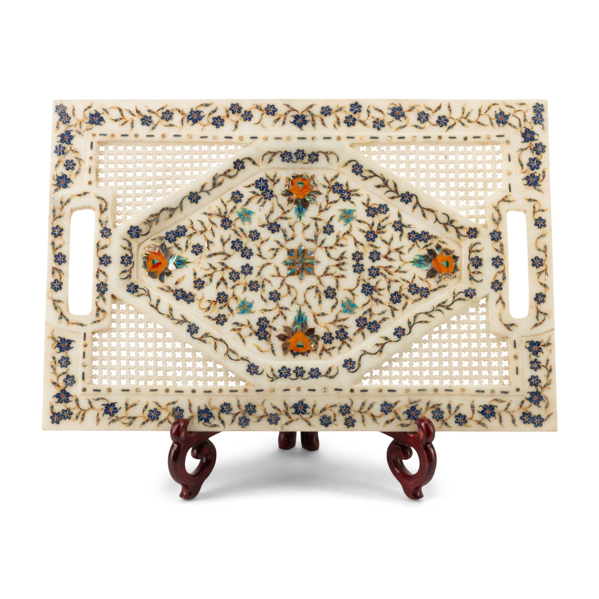 An Indian Carved Marble and Semiprecious Stone Inlaid Tray