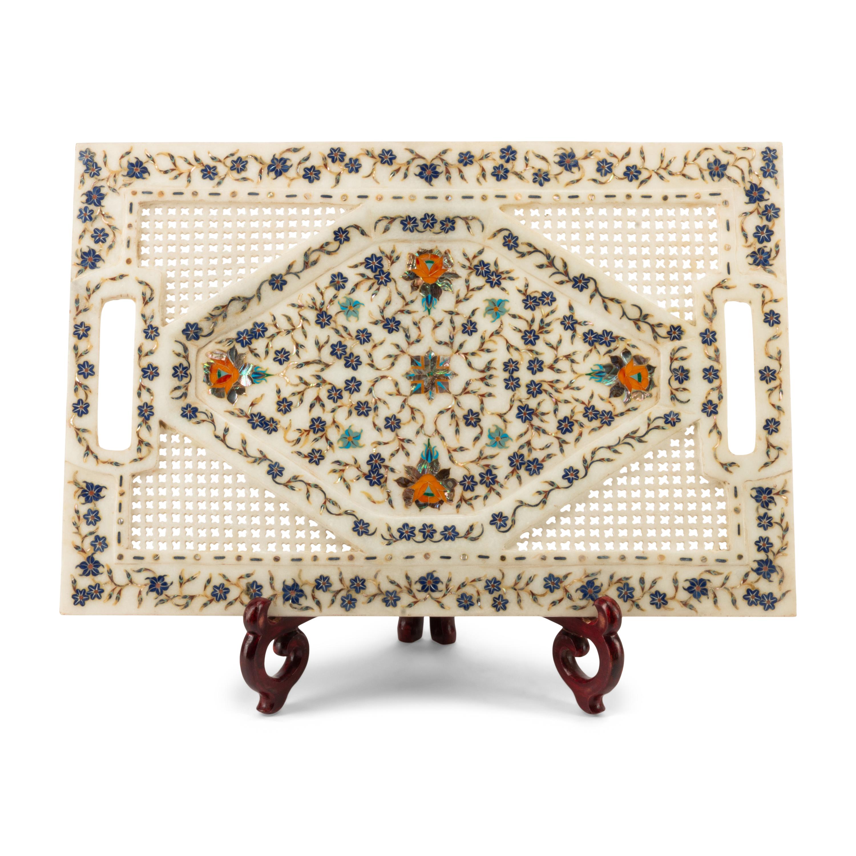An Indian Carved Marble and Semiprecious Stone Inlaid Tray