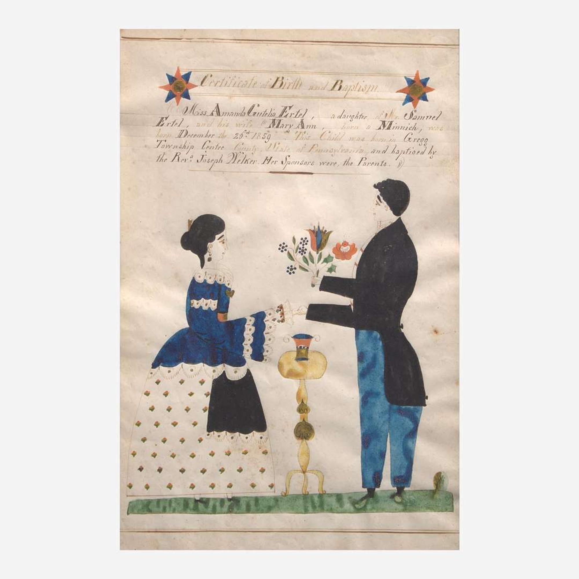 A Fraktur birth and baptism record for Amanda Ertel (b. 1859) Reverend Henry Young (1792-1861)