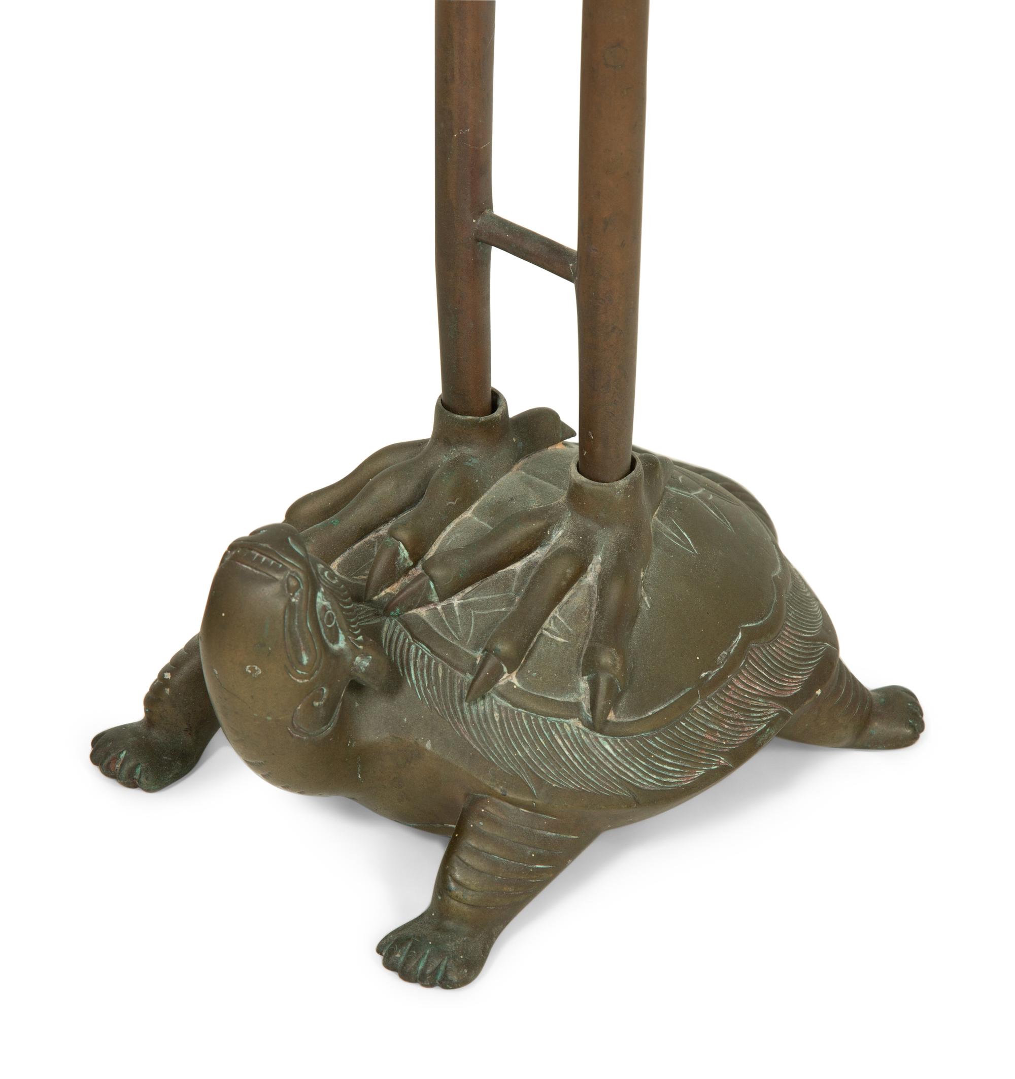 A Pair of Chinese Gilt Metal Figures of Cranes Standing on Turtles — 20TH CENTURY