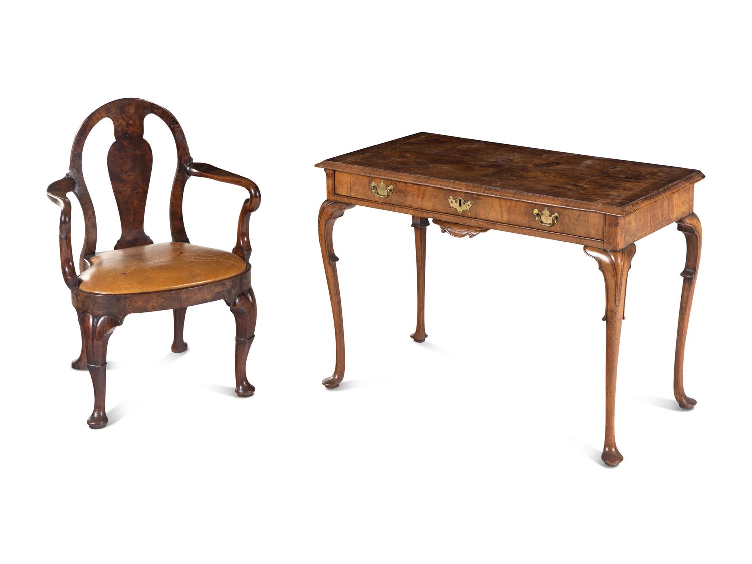 A George II Style Walnut Writing Table with an Associated Armchair