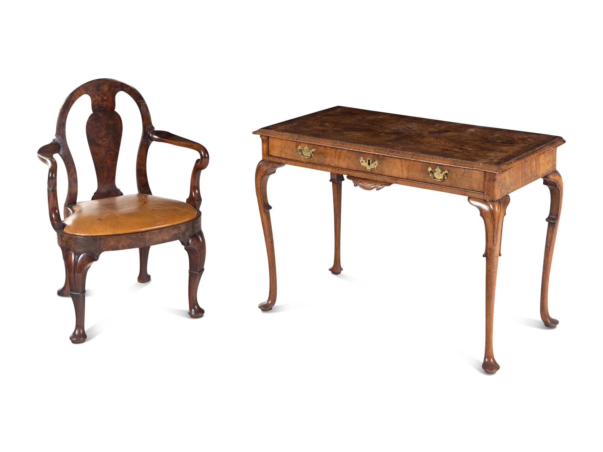 A George II Style Walnut Writing Table with an Associated Armchair