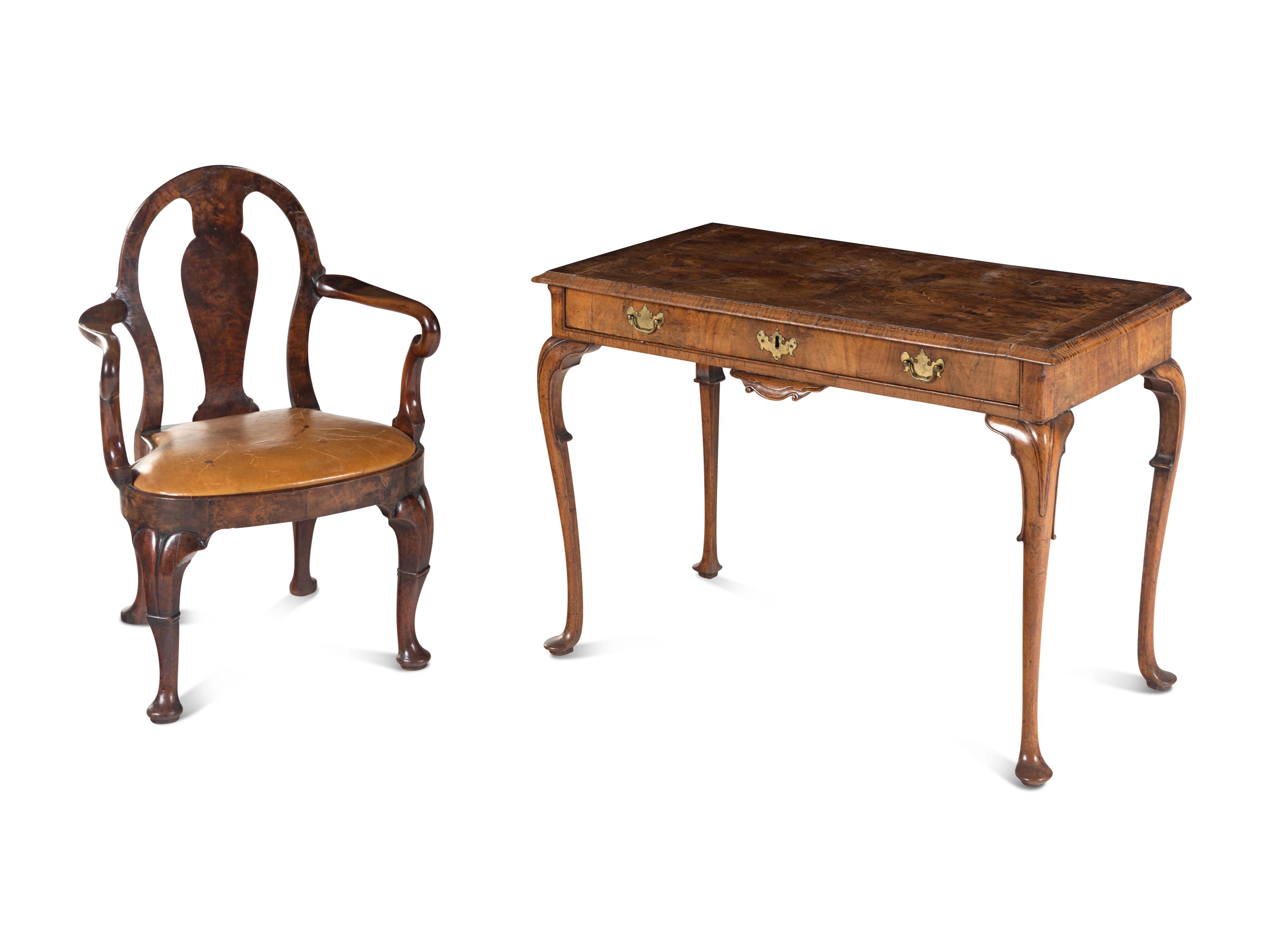 A George II Style Walnut Writing Table with an Associated Armchair