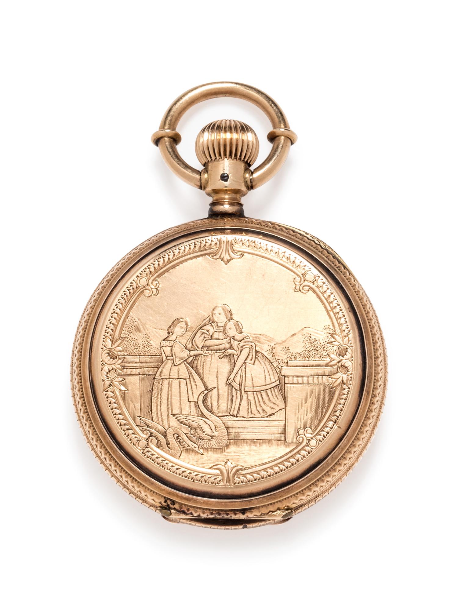 A 14 Karat Yellow Gold Hunter Case Pocket Watch, Lady of Lyons,