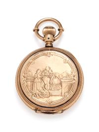 A 14 Karat Yellow Gold Hunter Case Pocket Watch, Lady of Lyons,