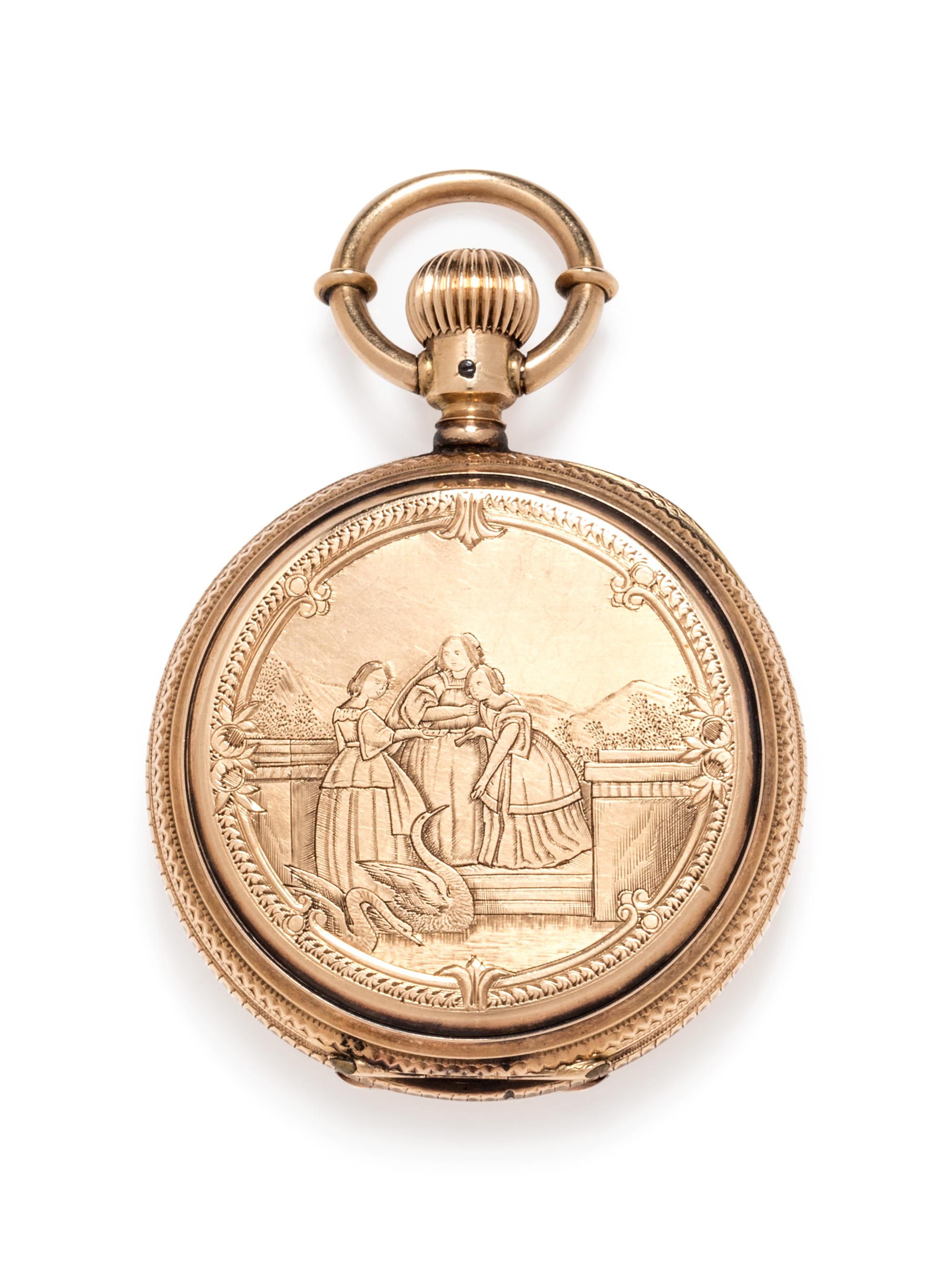 A 14 Karat Yellow Gold Hunter Case Pocket Watch, Lady of Lyons,