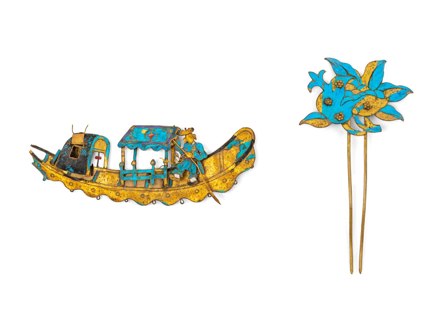 Two Chinese Kingfisher Feather Inlaid Metal Jewelry Articles