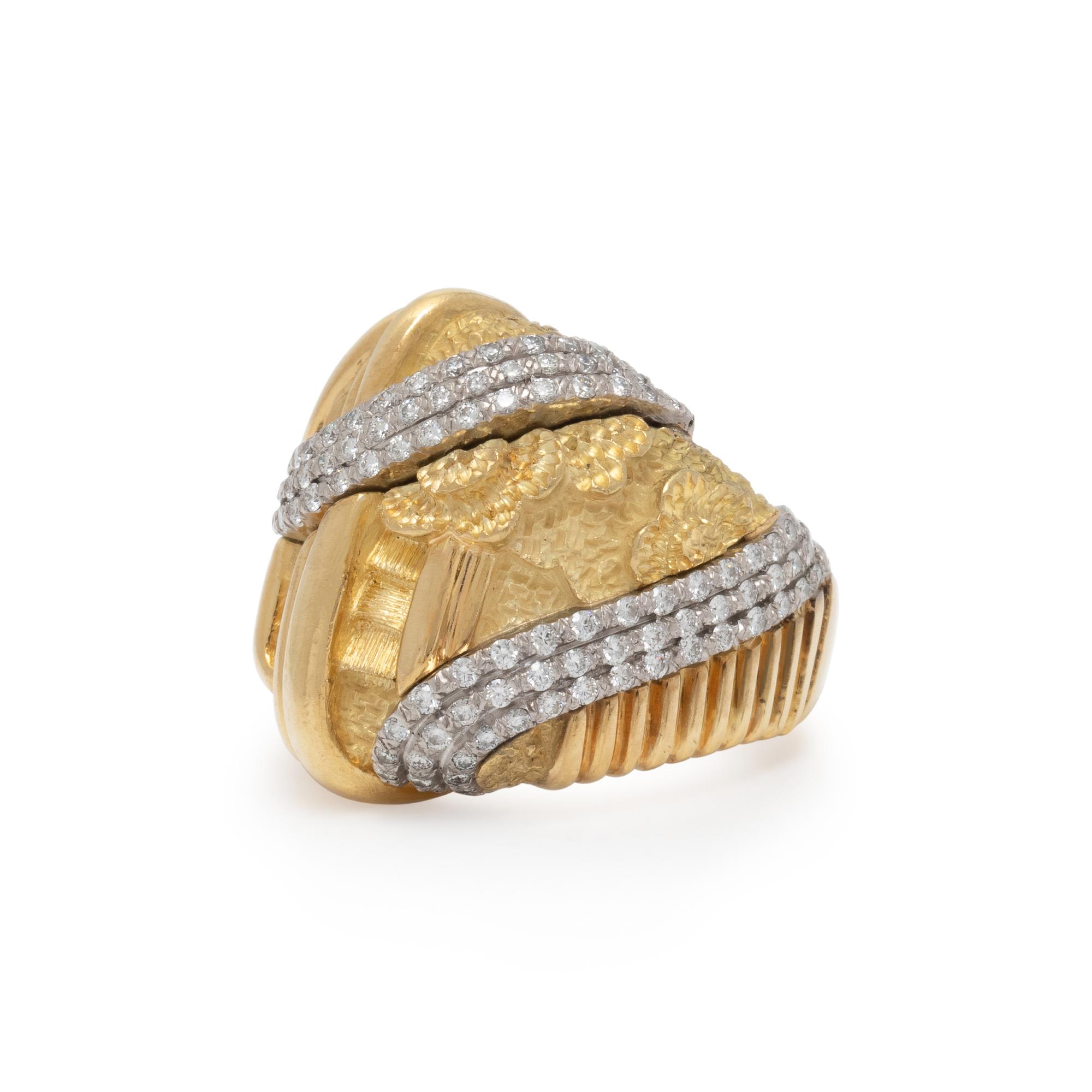 HENRY DUNAY, YELLOW GOLD, PLATINUM, AND DIAMOND RING