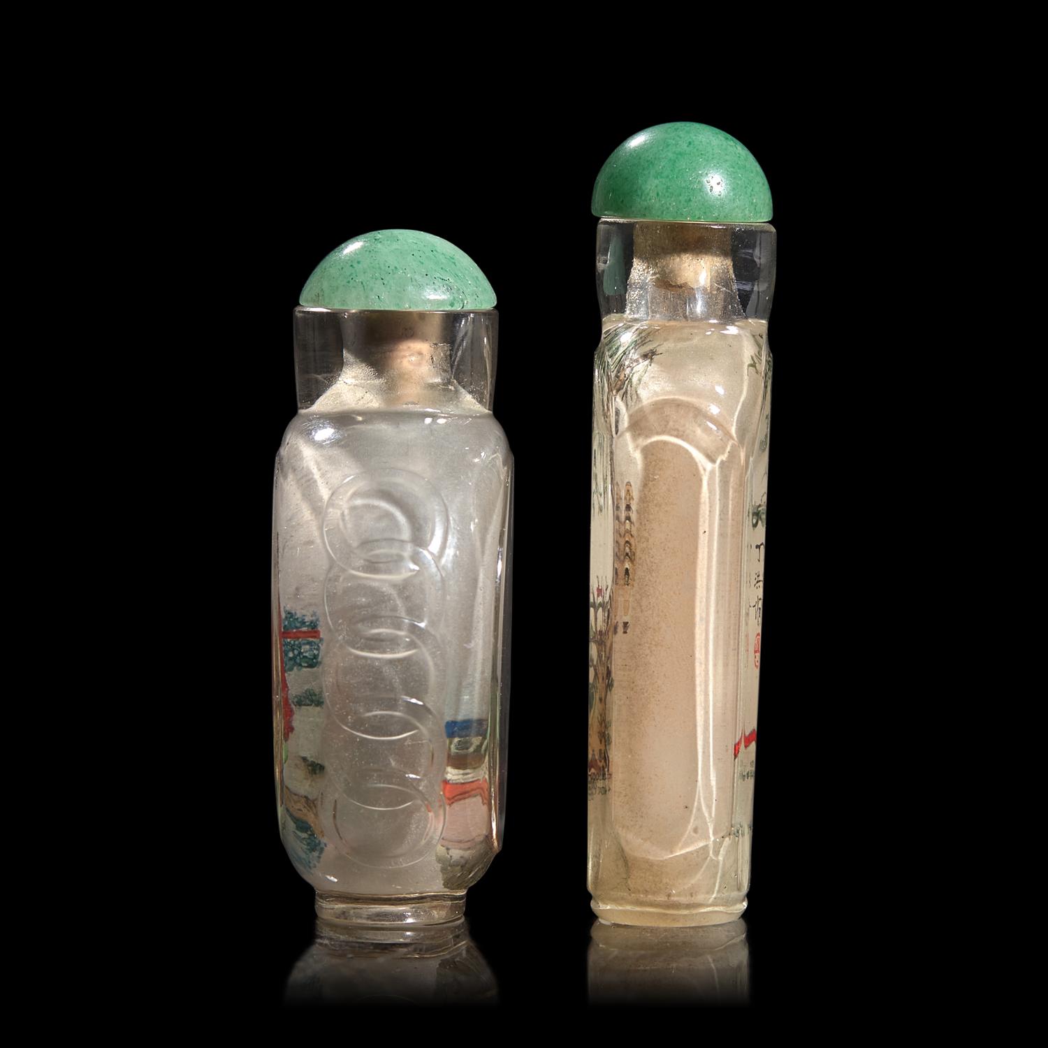 Two Chinese Inside Painted Glass Snuff Bottles, Signed Ding Hong, Ye Xiaofeng