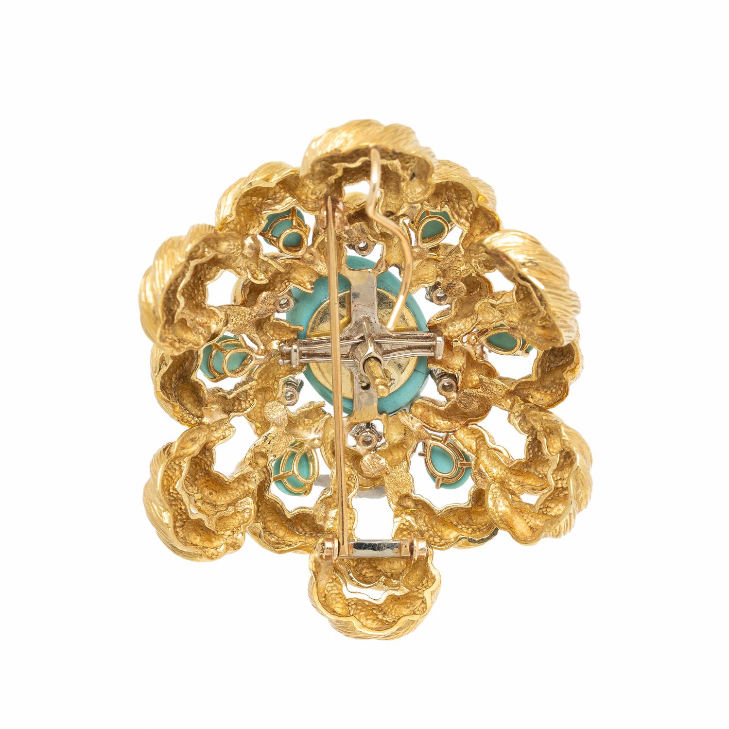 TURQUOISE, MULTIGEM, DIAMOND, AND YELLOW GOLD CONVERTIBLE PENDANT BROOCH
