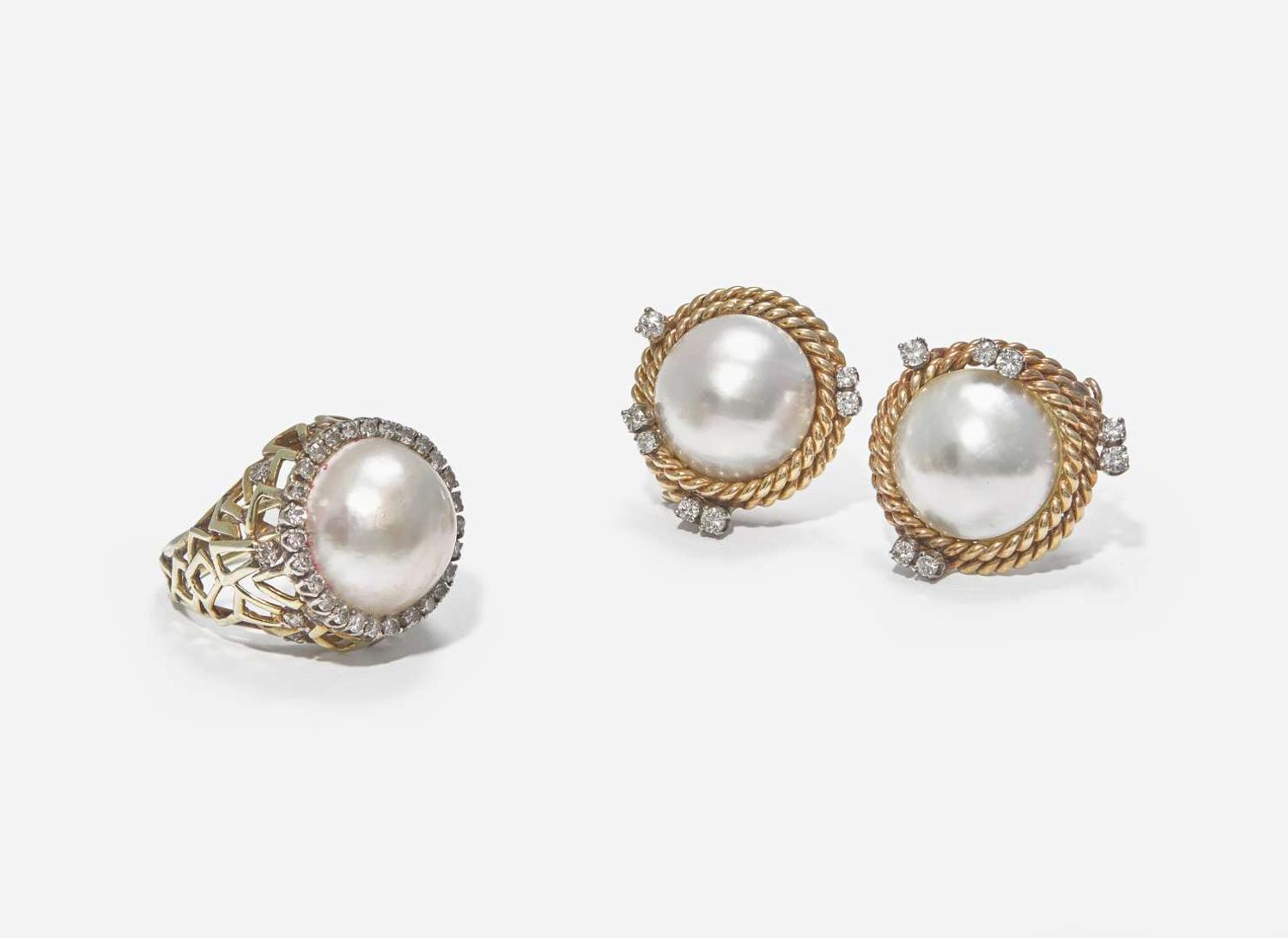 A Set of 14K Yellow Gold, Diamond, and Mabé Pearl Ear Clips and Ring