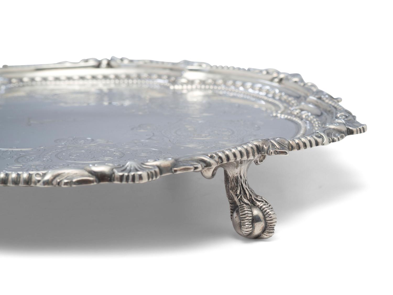 An Edwardian Armorial Engraved Silver Footed Tray