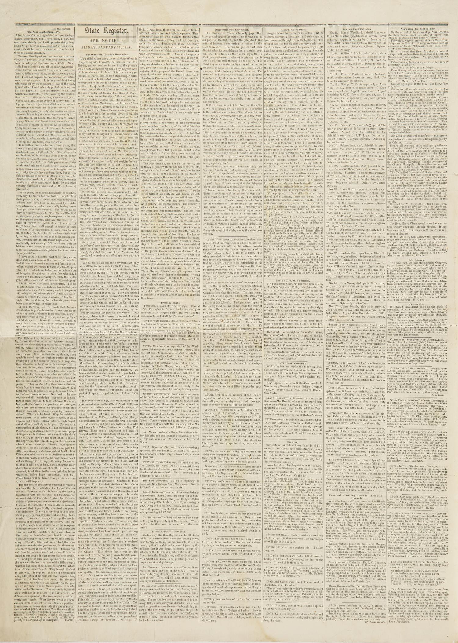 [Lincoln, Abraham] Lincoln's Famed "Spot Resolutions" in His Local Newspaper: Printing of a Rebuke to the First Major Speech Given by Him as an Illinois Congressman in the House of Representatives