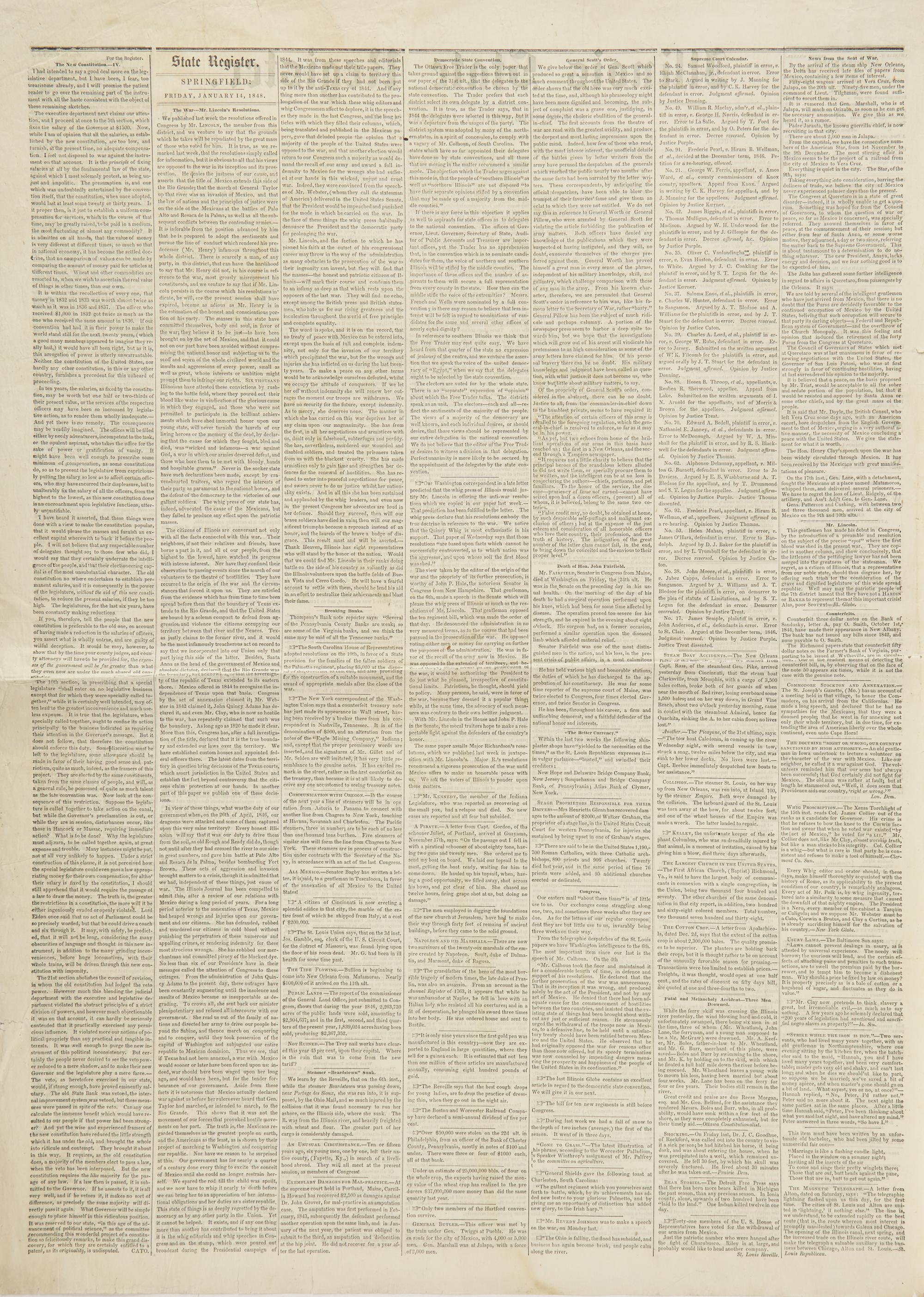 [Lincoln, Abraham] Lincoln's Famed "Spot Resolutions" in His Local Newspaper: Printing of a Rebuke to the First Major Speech Given by Him as an Illinois Congressman in the House of Representatives