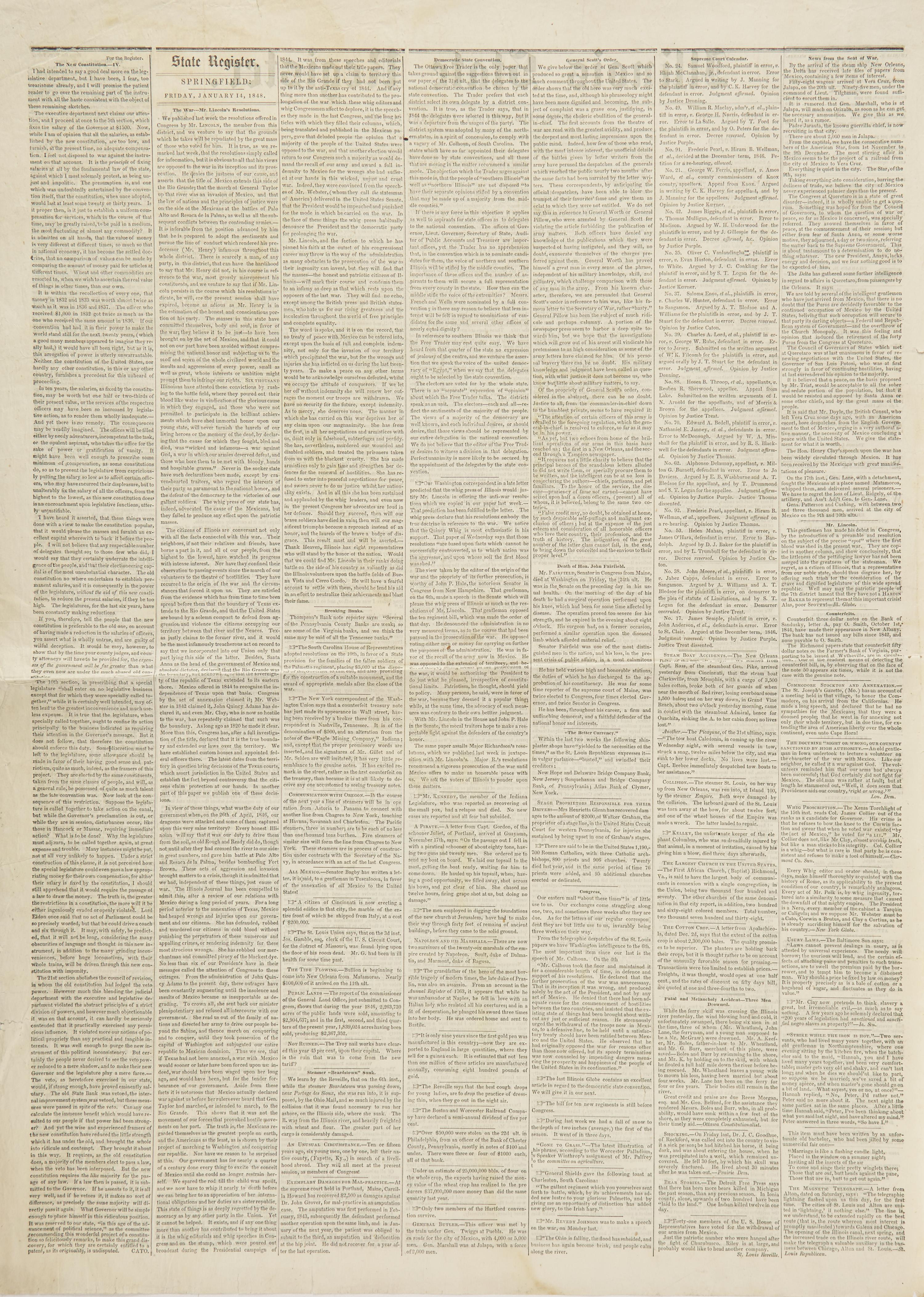 [Lincoln, Abraham] Lincoln's Famed "Spot Resolutions" in His Local Newspaper: Printing of a Rebuke to the First Major Speech Given by Him as an Illinois Congressman in the House of Representatives