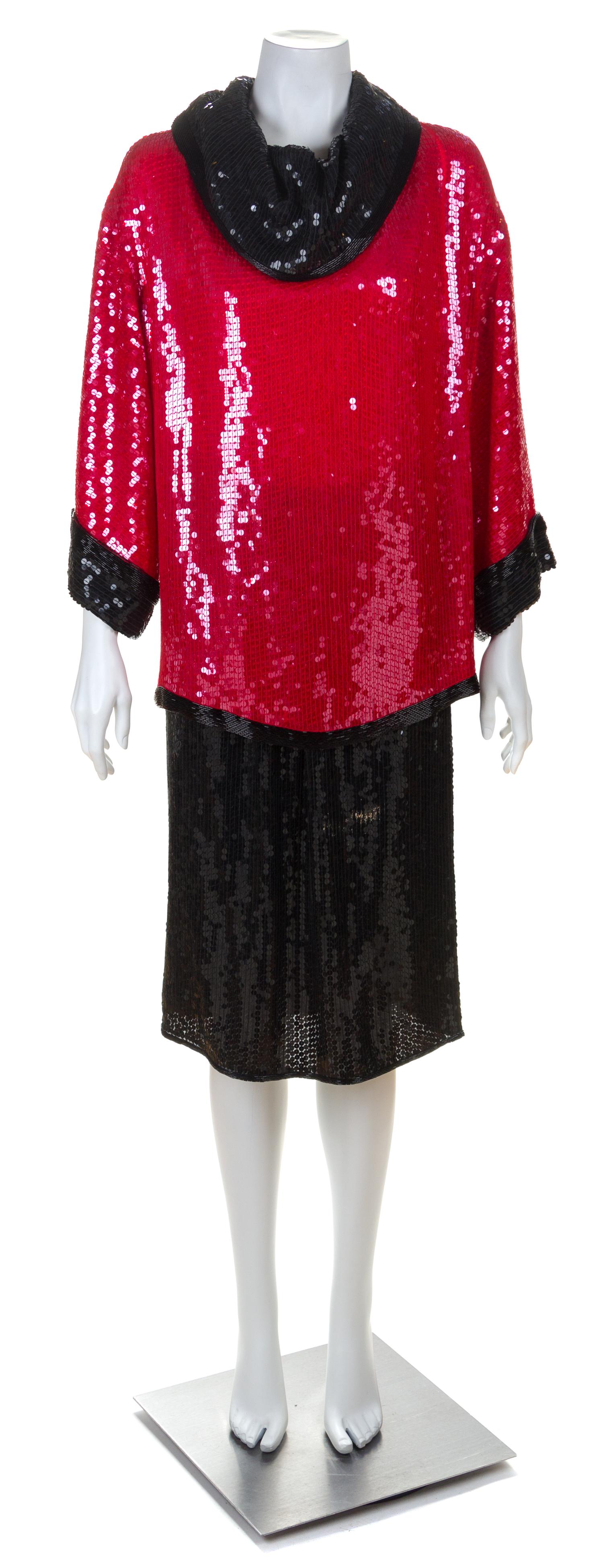 A Halston Red and Black Silk and Sequin Skirt Ensemble, Top 8; Skirt 8.