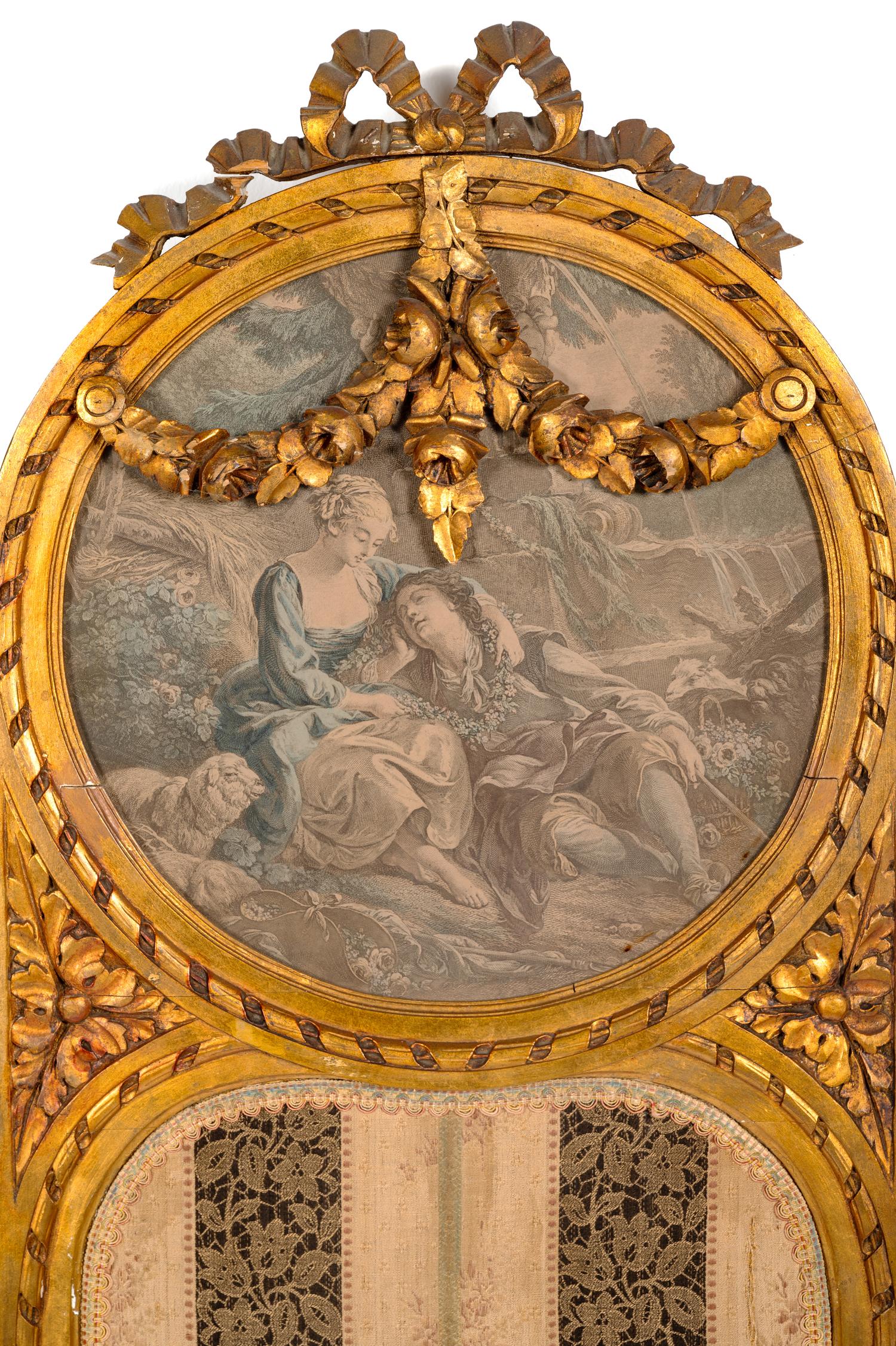 A Louis XVI Style Giltwood Three-Panel Floor Screen