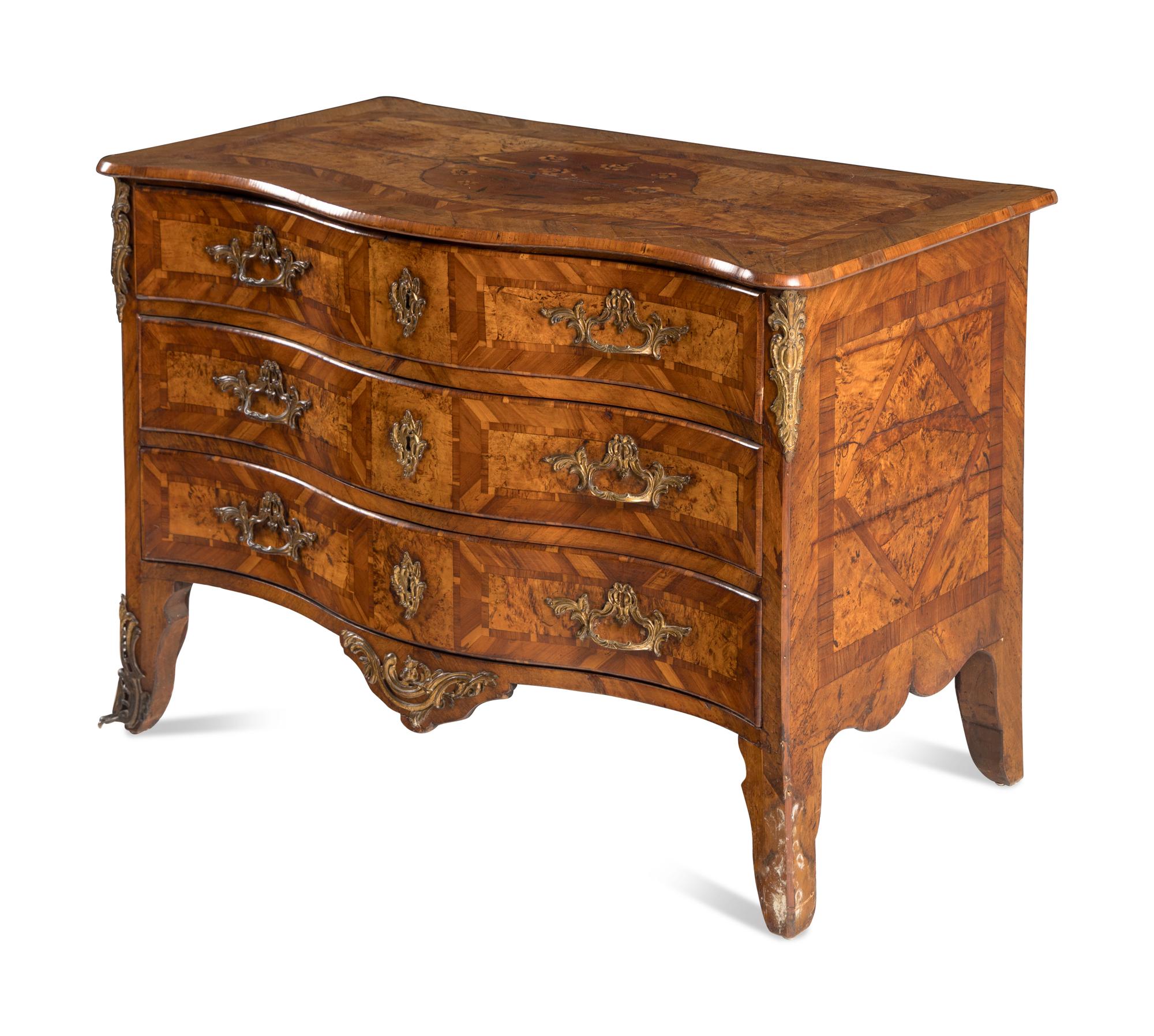 A Continental Gilt Bronze Mounted Burlwood Serpentine Commode