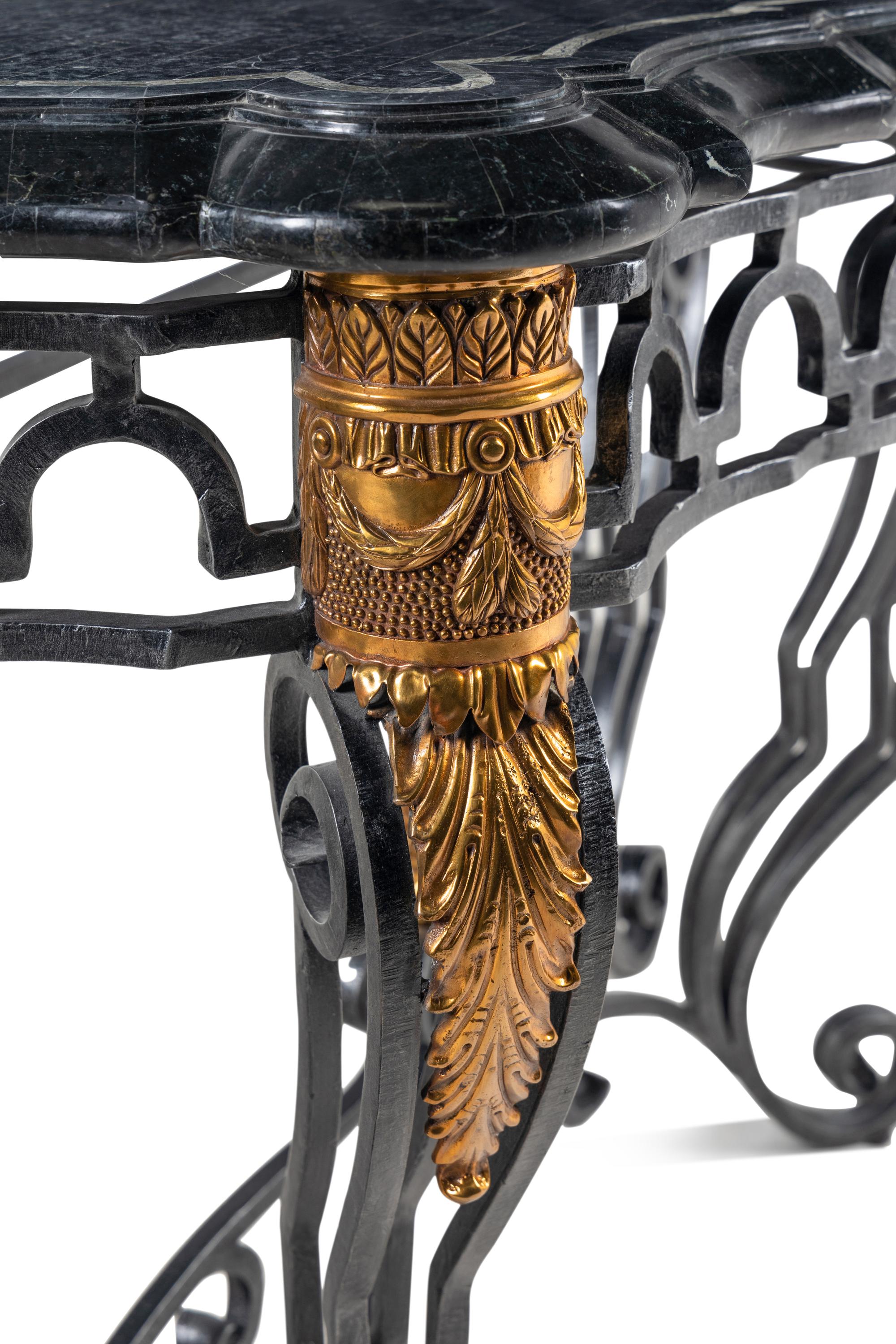 A Gilt Metal and Steel Marble-Top Console Table