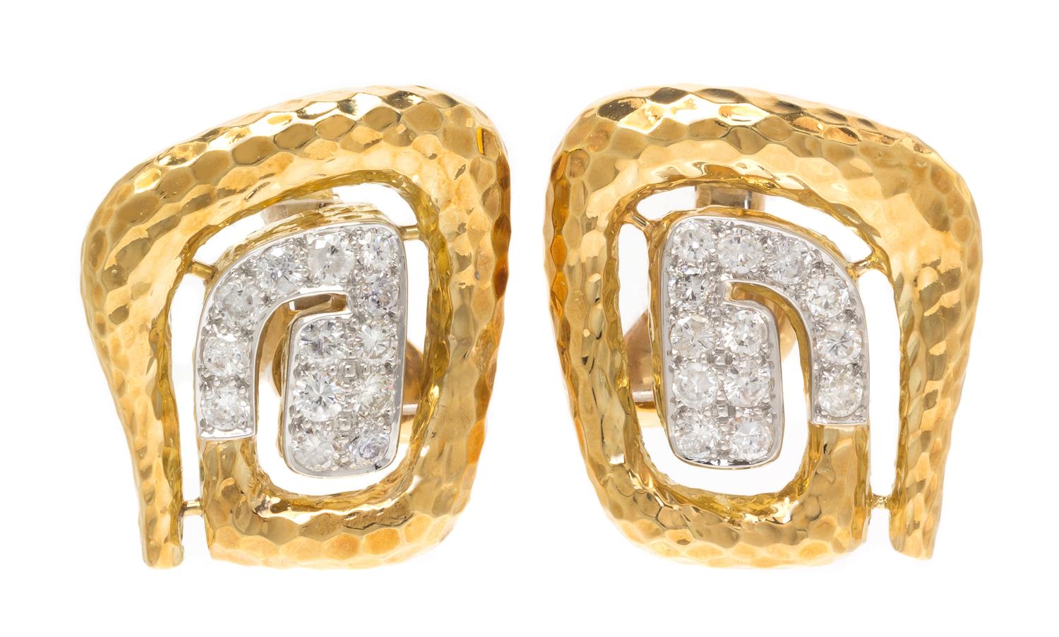A Pair of 18 Karat Yellow Gold, Platinum and Diamond Earclips, David Webb, 26.50 dwts.