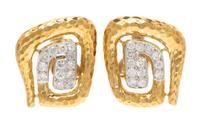 A Pair of 18 Karat Yellow Gold, Platinum and Diamond Earclips, David Webb, 26.50 dwts.
