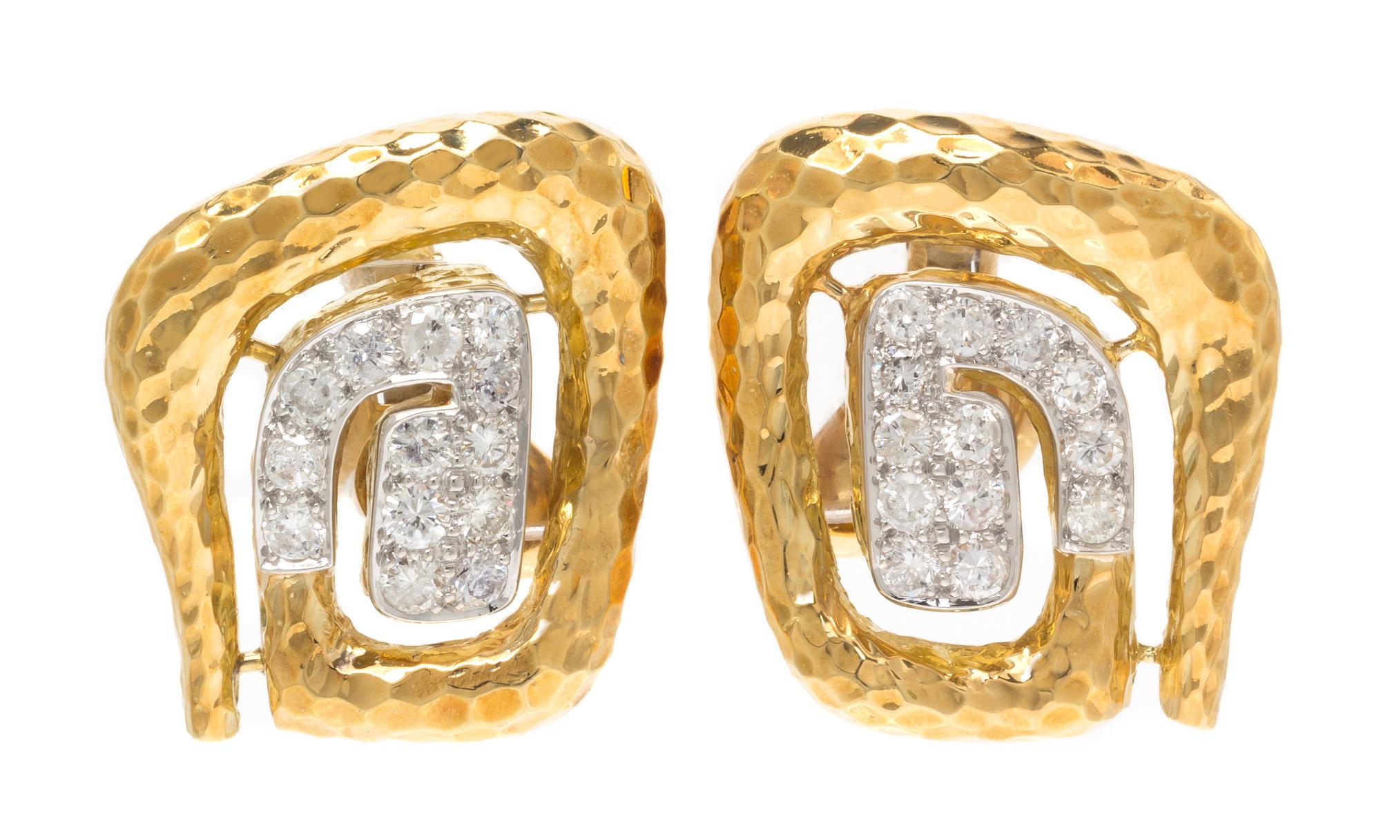 A Pair of 18 Karat Yellow Gold, Platinum and Diamond Earclips, David Webb, 26.50 dwts.