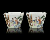 A Pair of Chinese Famille Rose 'Romance of the Western Chamber' Porcelain Wine Cups