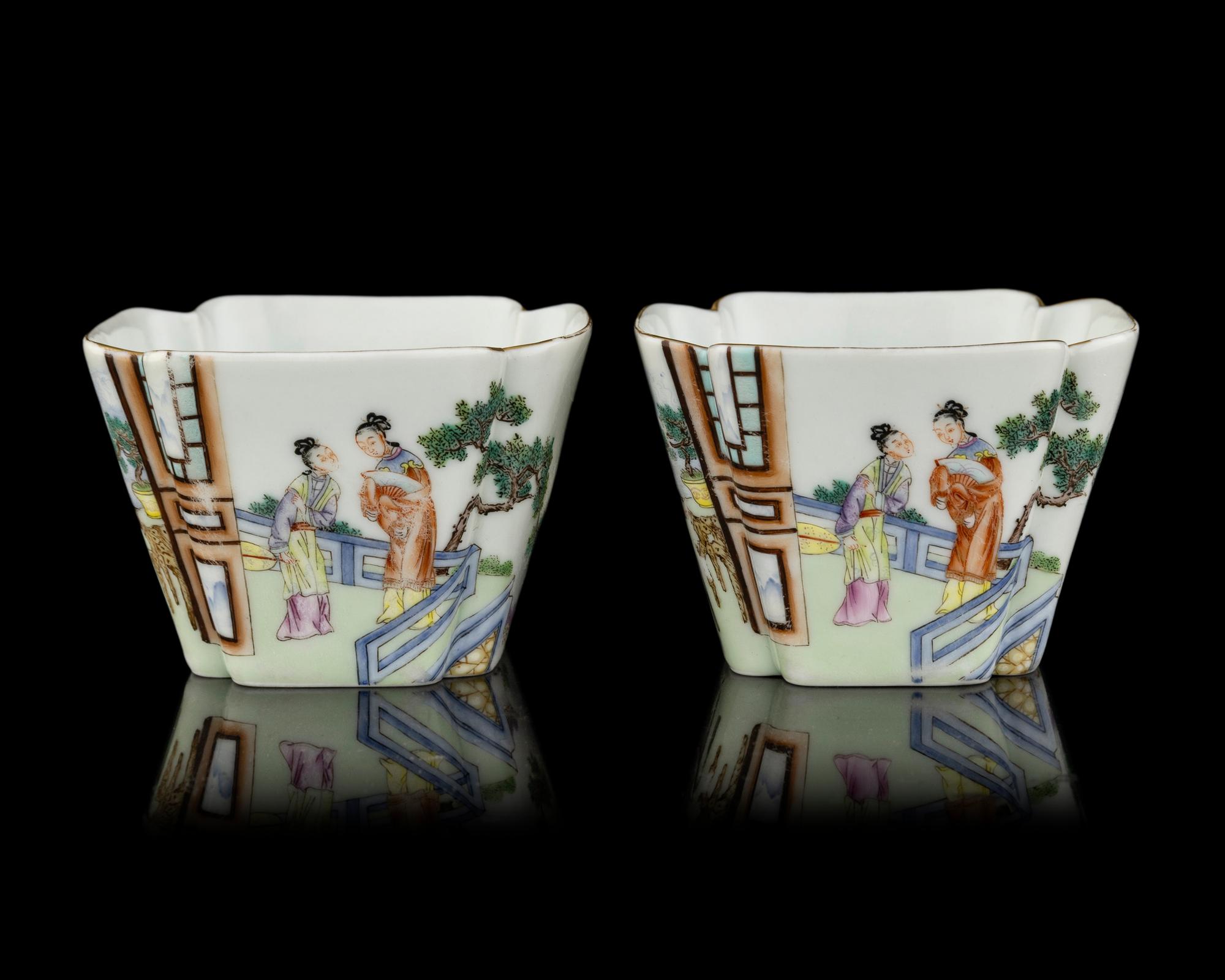 A Pair of Chinese Famille Rose 'Romance of the Western Chamber' Porcelain Wine Cups