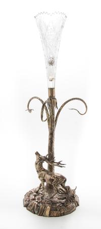 A Neoclassical Style Silvered Bronze and Cut Glass Trumpet Vase, Height overall 29 3/4 inches.