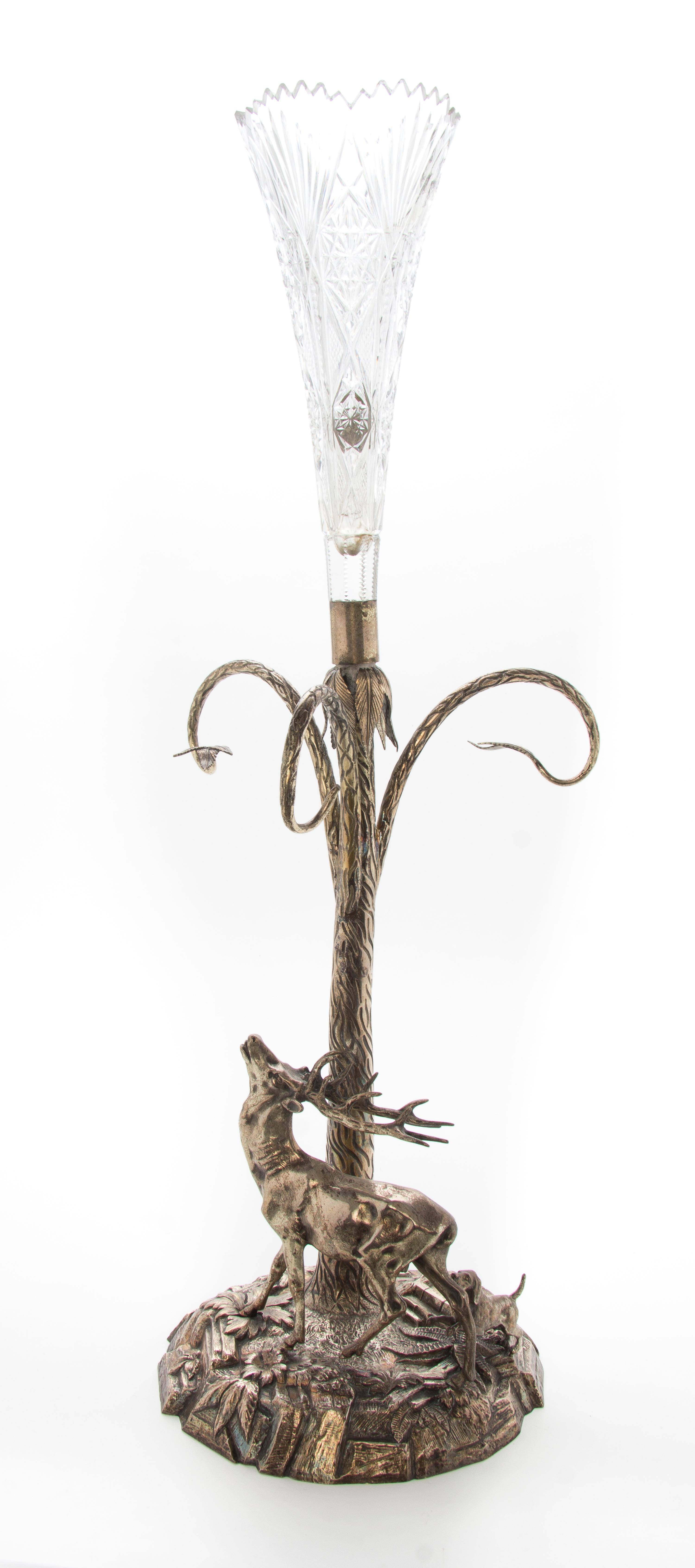 A Neoclassical Style Silvered Bronze and Cut Glass Trumpet Vase, Height overall 29 3/4 inches.