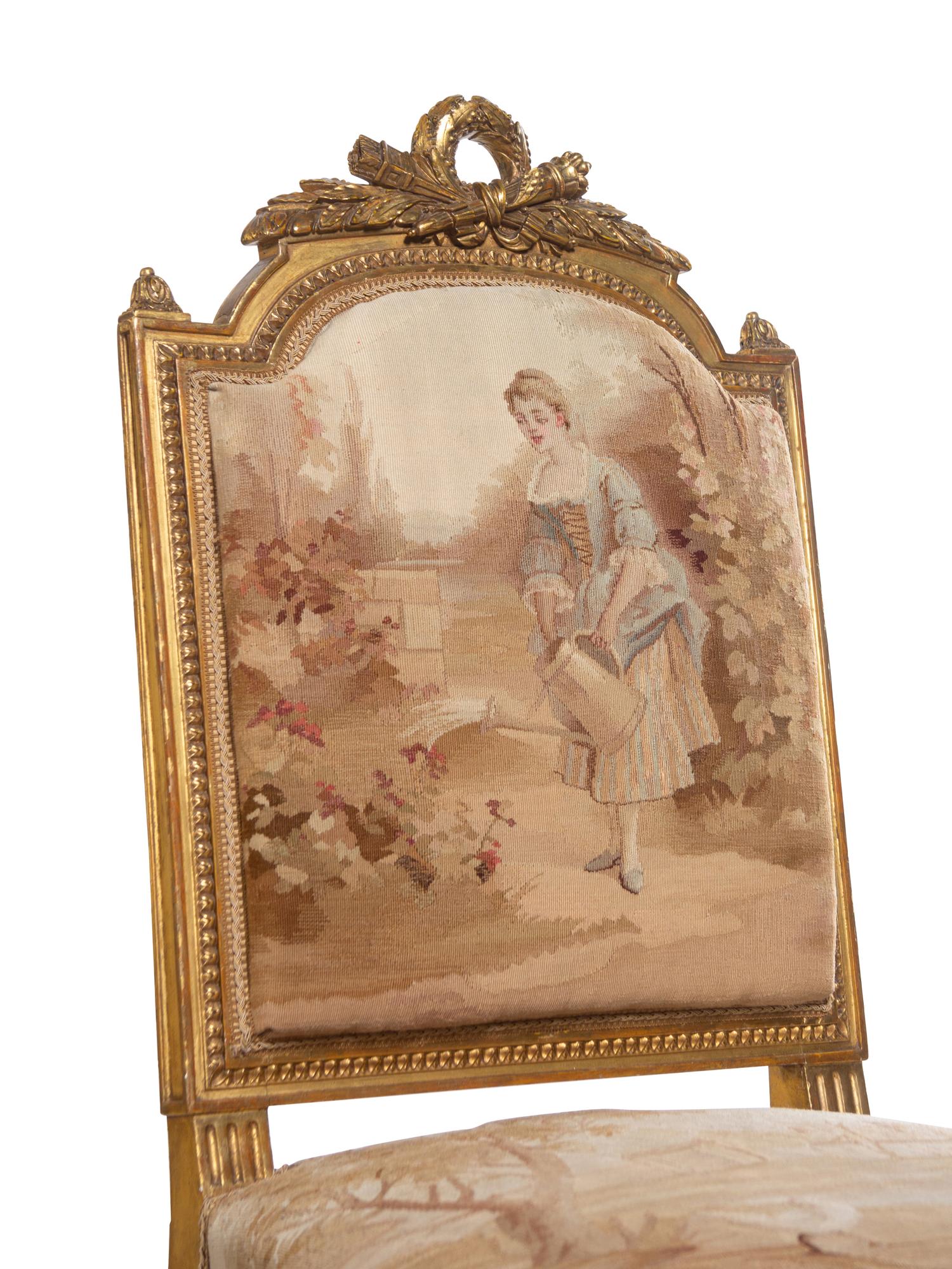 A Louis XVI Style Giltwood Seven-Piece Seating Suite with Aubusson Tapestry Upholstery