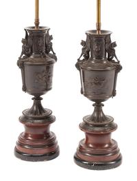 A Pair of Grand Tour Patinated Bronze Urns Height overall 24 inches. — 19TH CENTURY