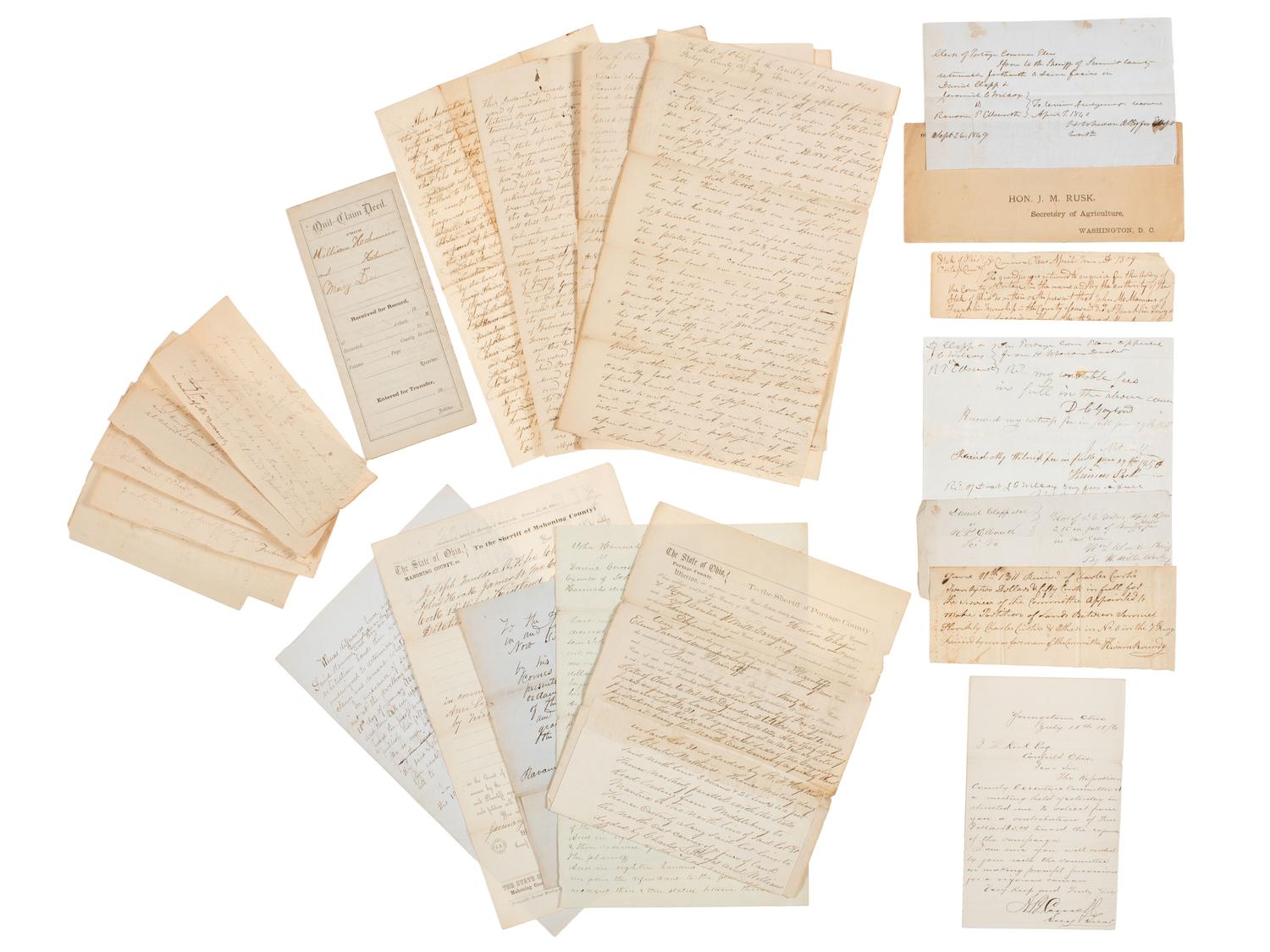 [WESTERN EXPANSION]. Large group of documents related to early settlers of Ohio's Western Reserve (the Connecticut Western Reserve), ca 1806-1890.