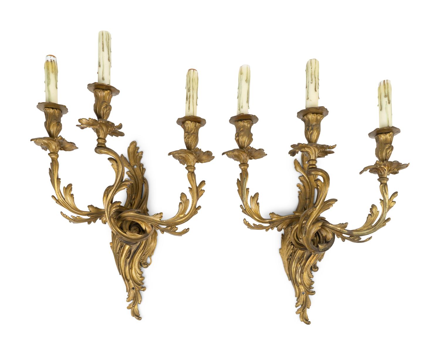 A Pair of Louis XV Style Gilt Bronze Three-Light Wall Sconces — 19TH/20TH CENTURY