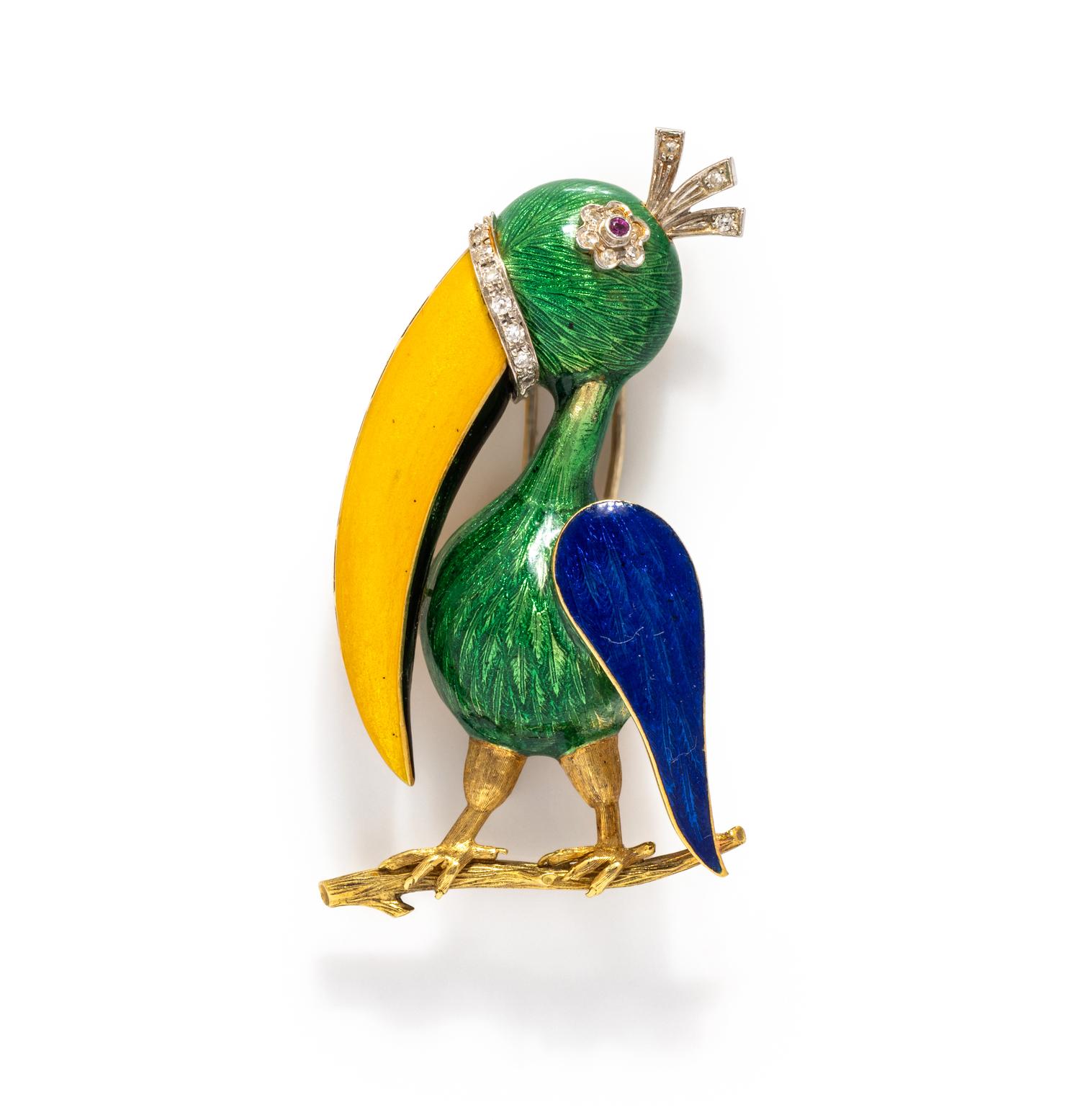 CORLETTO, ENAMEL AND GEMSTONE BIRD BROOCH