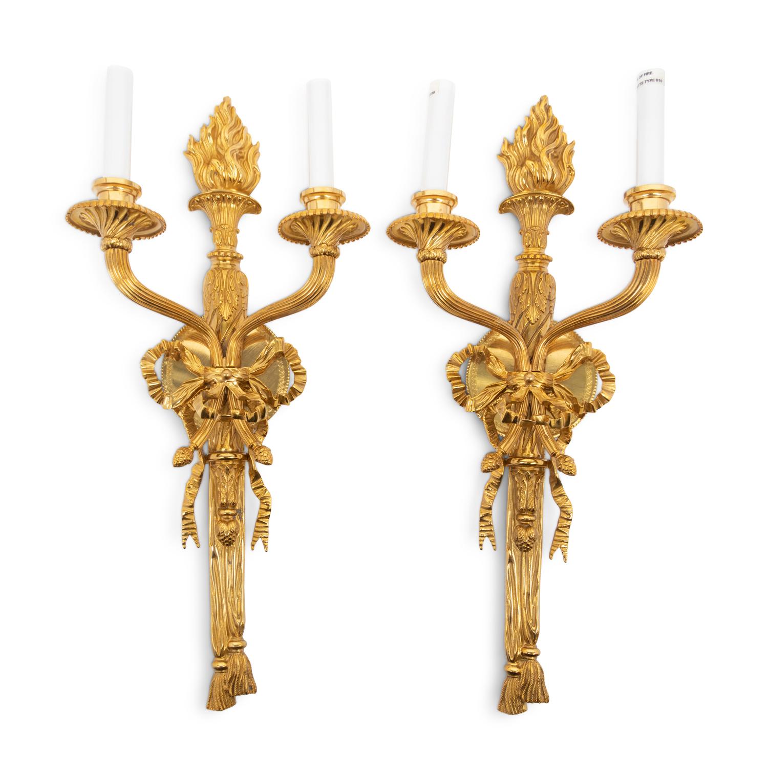 A Pair of Louis XVI Style Gilt Bronze Two-Light Sconces