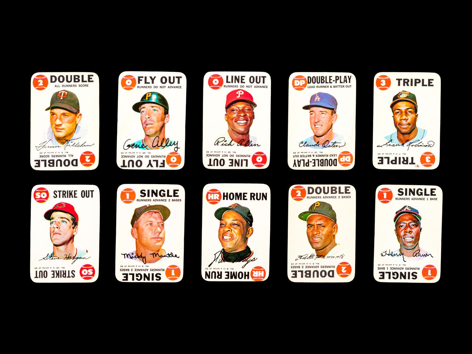 A Group of 10 1968 Topps Baseball Game Cards (Including Mickey Mantle, Willie Mays, Roberto Clemente and Hank Aaron),