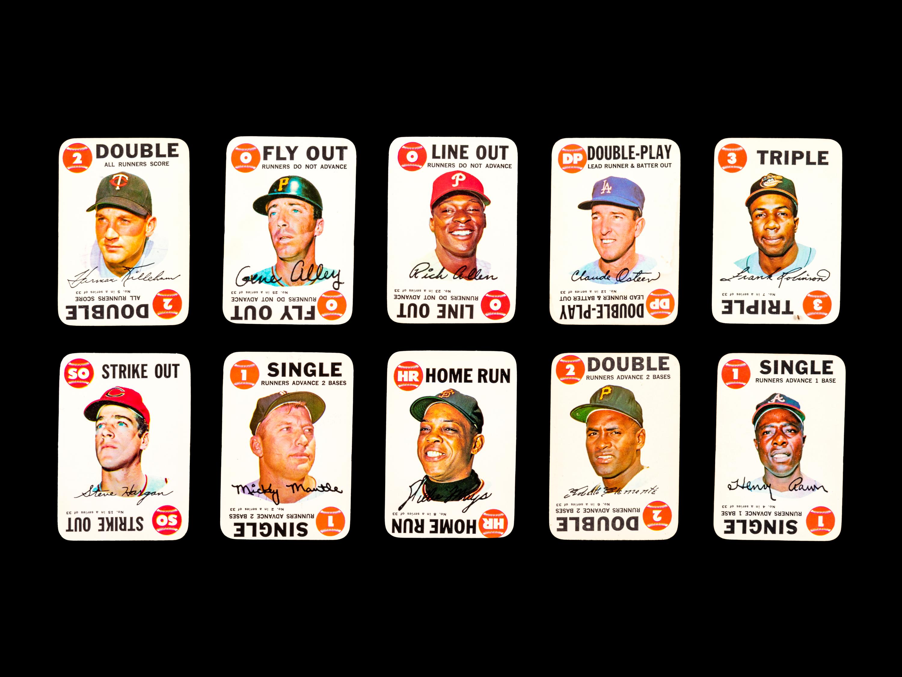 A Group of 10 1968 Topps Baseball Game Cards (Including Mickey Mantle, Willie Mays, Roberto Clemente and Hank Aaron),