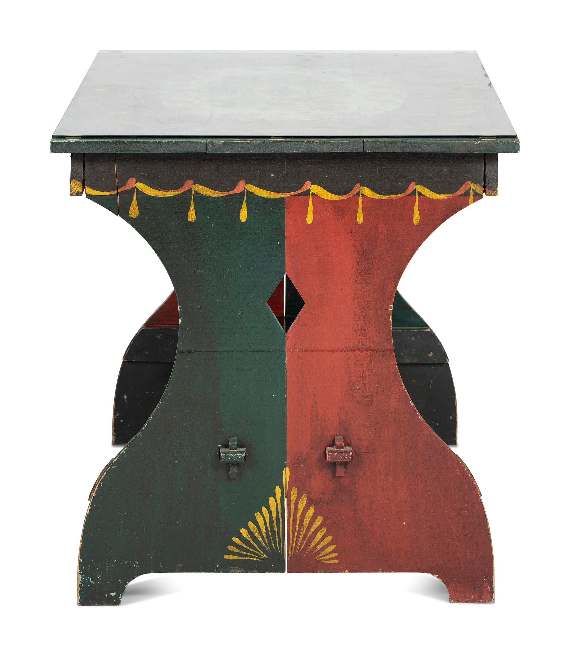 A Peter Hunt Paint-Decorated Dining Table and Benches