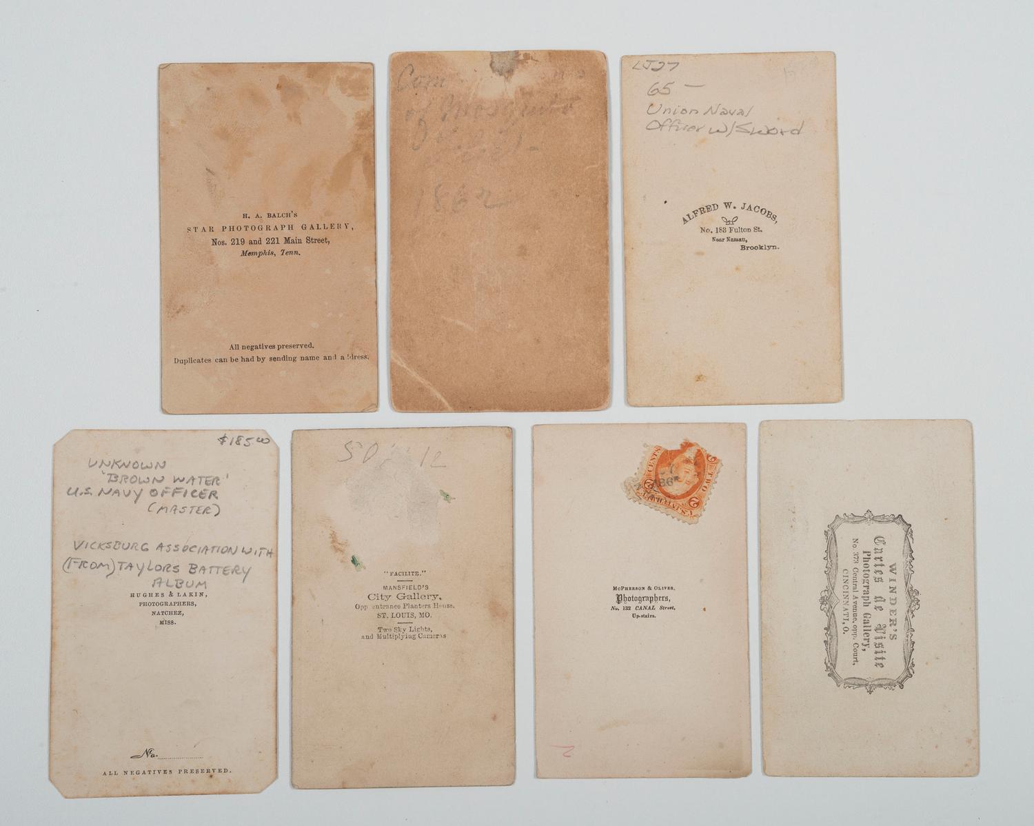 [CIVIL WAR]. A group of 7 unidentified Naval officers, 6 with western Brown Water Navy back marks, comprising: