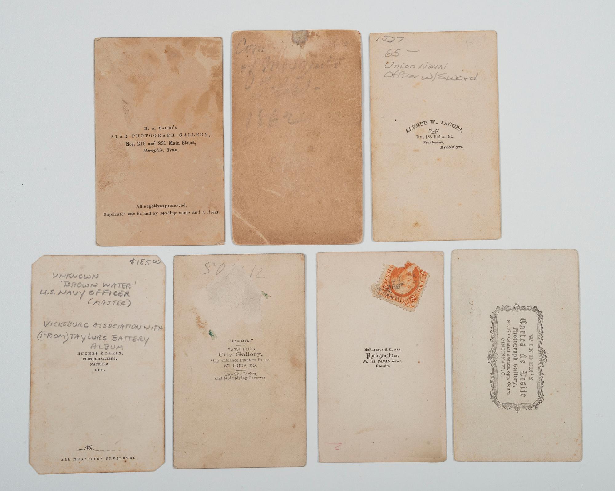 [CIVIL WAR]. A group of 7 unidentified Naval officers, 6 with western Brown Water Navy back marks, comprising: