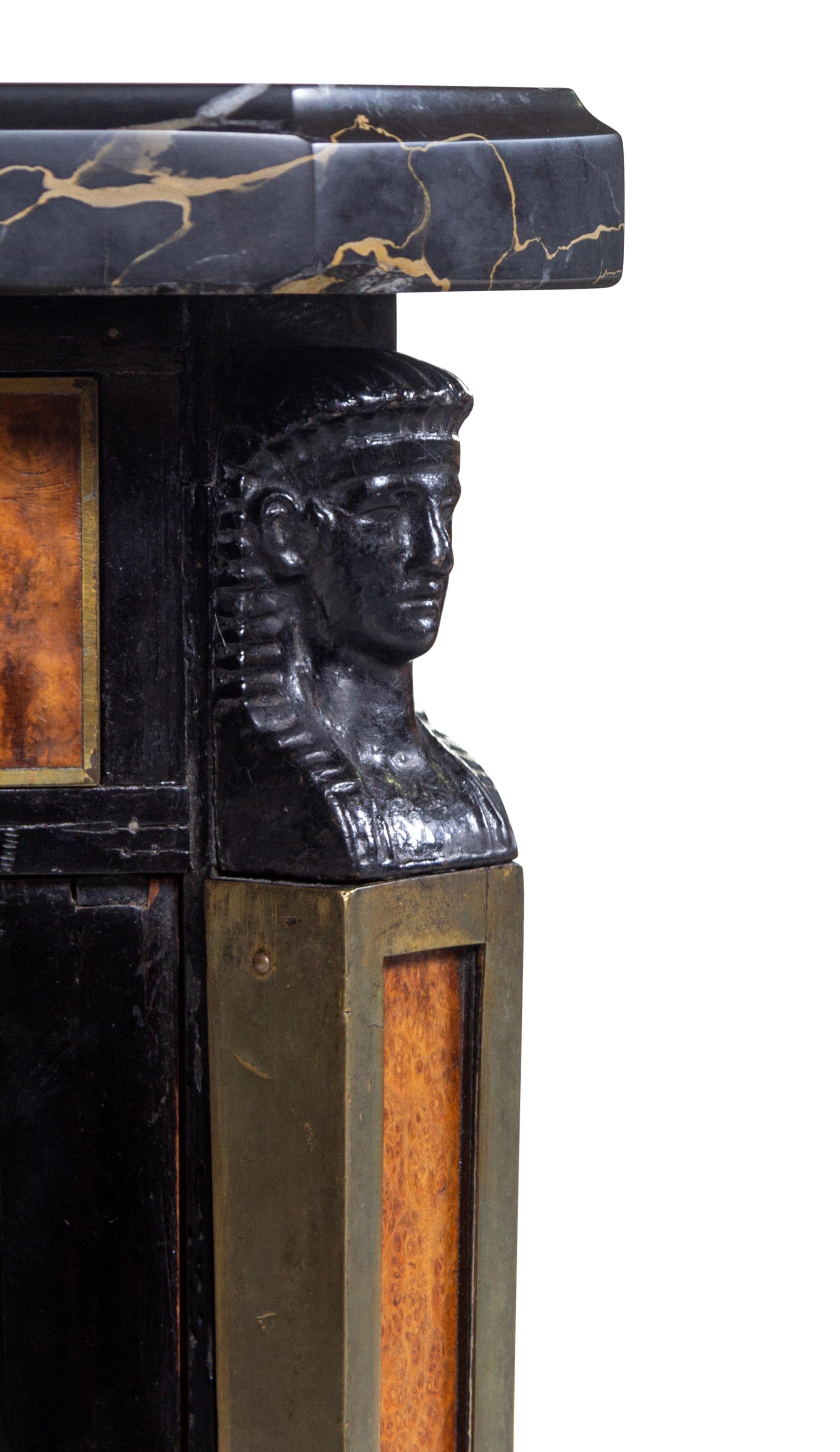 A Pair of Russian Empire Gilt Metal Mounted Ebonized and Burlwood Marble-Top Side Cabinets