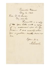 LINCOLN, Abraham (1809-1865). Autograph letter signed ("A. Lincoln") to Ohio Congressman Valentine B. Horton. Executive Mansion, Washington, D.C., 16 May 1862.