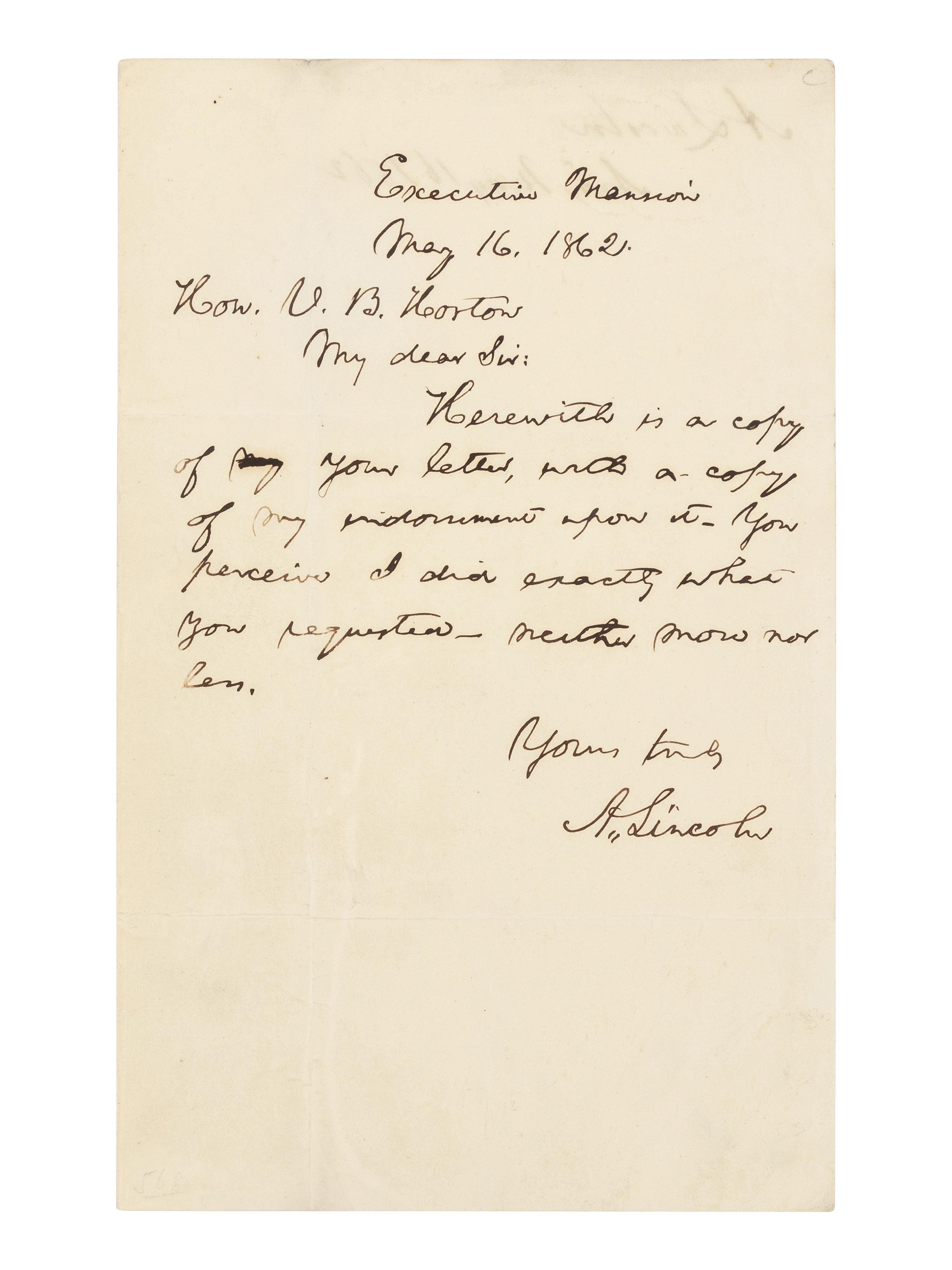 LINCOLN, Abraham (1809-1865). Autograph letter signed ("A. Lincoln") to Ohio Congressman Valentine B. Horton. Executive Mansion, Washington, D.C., 16 May 1862.