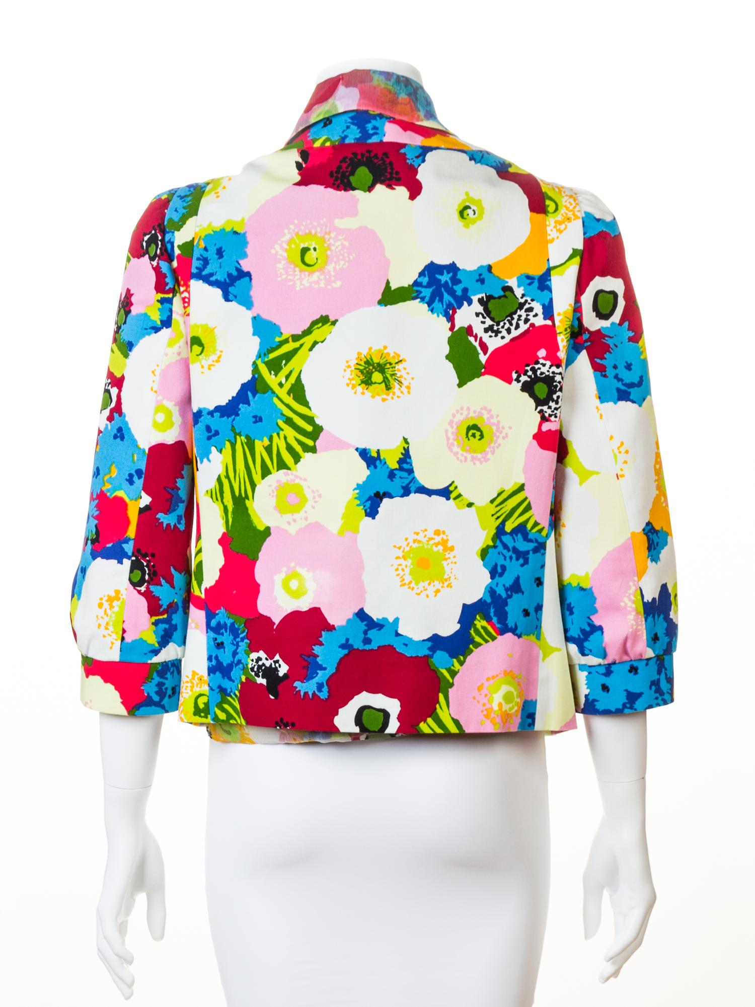 A Moschino Bright Floral Cotton Print Jacket and Blouse, Jacket size 10, Blouse no size.