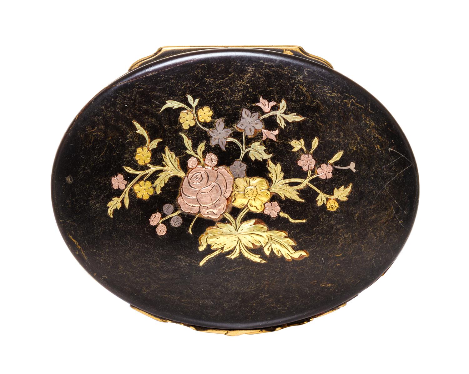 A Georgian Gilt Metal Mounted Snuff Box, 18th/19th Century, of oval form with hinged lid, having floral inlays and banding.