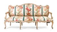 A Louis XV Style Carved and Polychrome Decorated Canape, Width 73 inches.